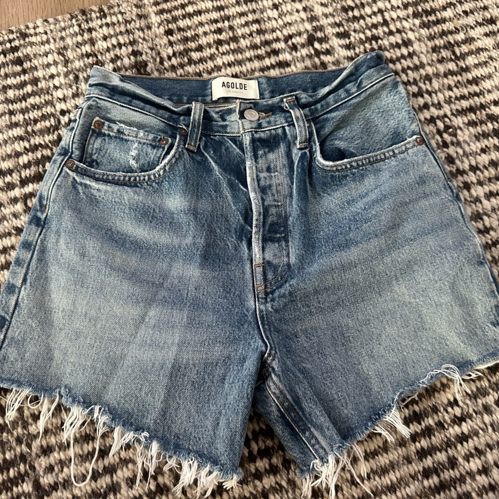 Agolde Faded Light Blue Frayed Denim Shorts